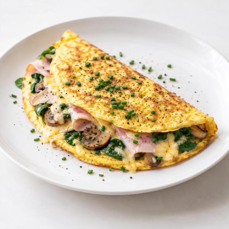 Omlet z goudą, szynką i pieczarkami