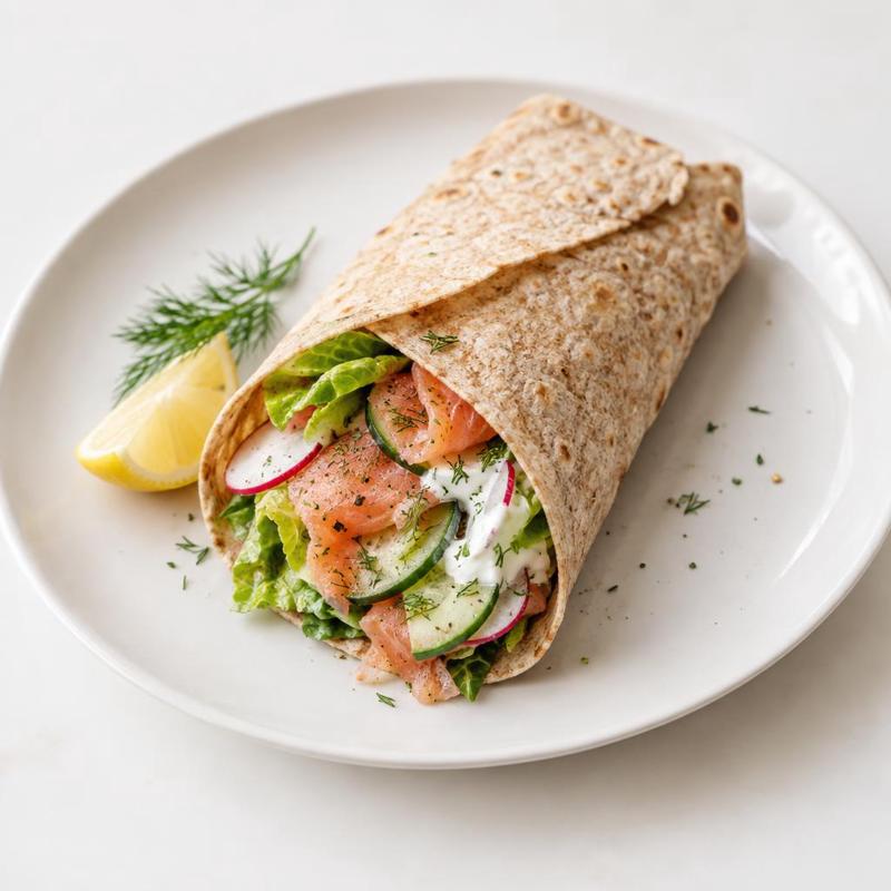 Wrap z wędzonym łososiem, rzodkiewką i sosem koperkowym