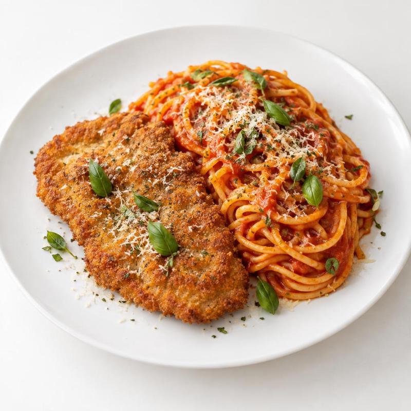 Sznycel cielęcy ze spaghetti pomidorowym