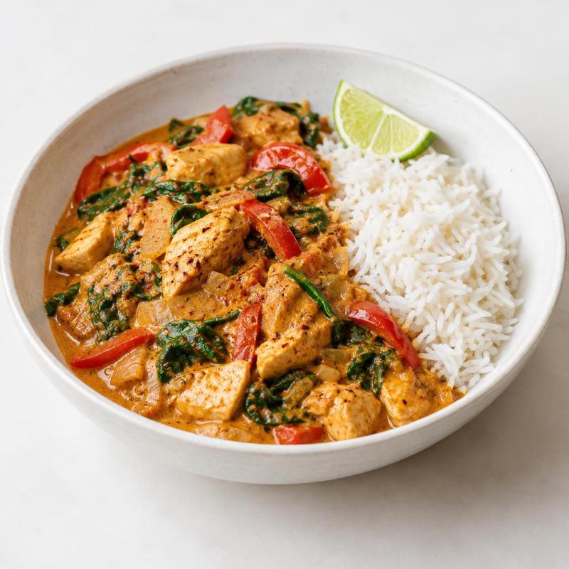 Orzechowe curry z kurczakiem, papryką i szpinakiem