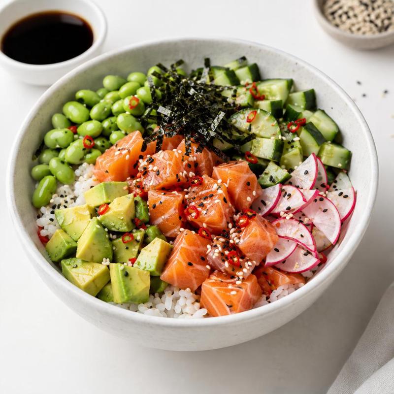 Poke bowl z łososiem i edamame