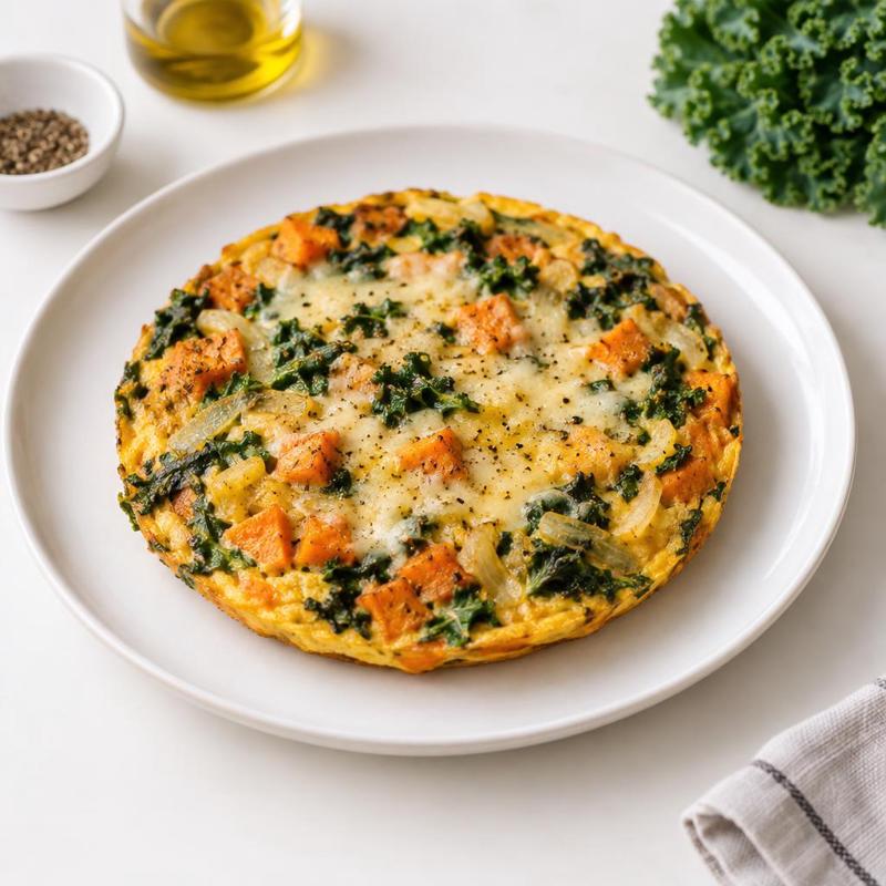 Zapiekany omlet z batatem, jarmużem i goudą
