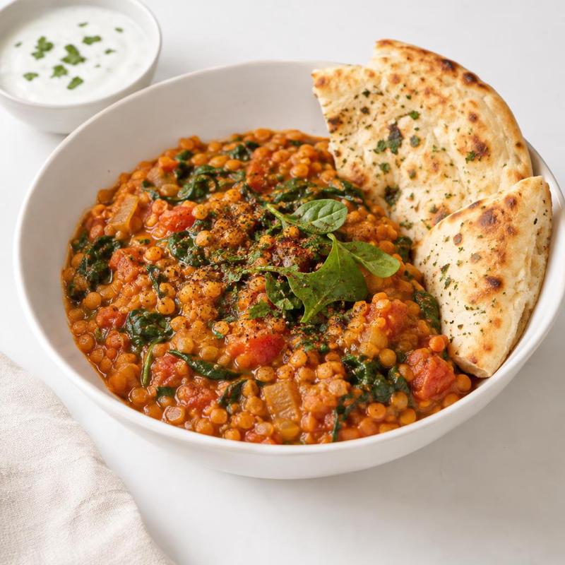 Soczewicowy dahl ze szpinakiem i domowym naanem