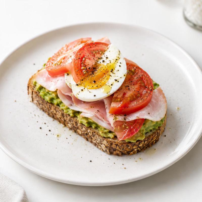 Tost z pastą z awokado, jajkiem sadzonym i szynką