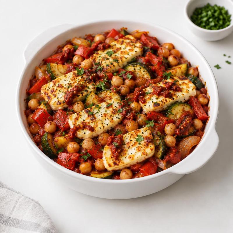 Zapiekanka z halloumi, ciecierzycą i harissą