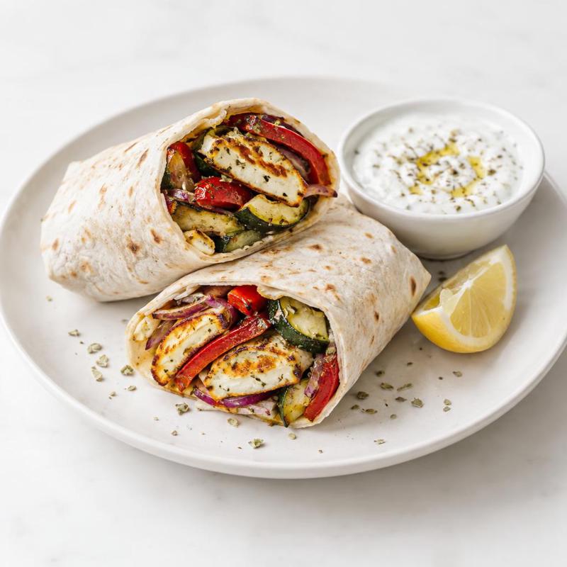 Tortille z halloumi, pieczoną papryką i cukinią