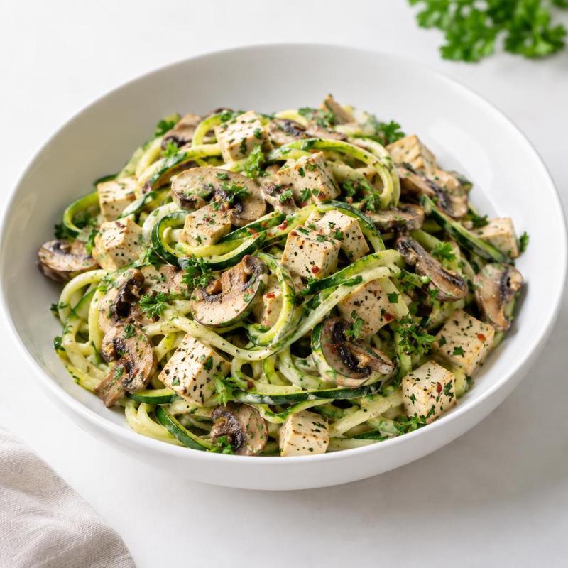 Makaron z cukinii z grzybami i tofu