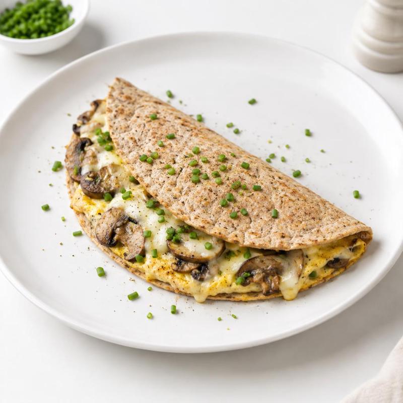 Tortilla zapiekana z omletem, pieczarkami i mozzarellą