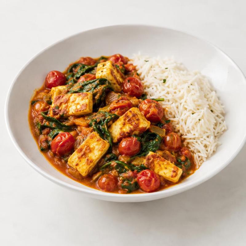 Curry z halloumi, pomidorkami i szpinakiem