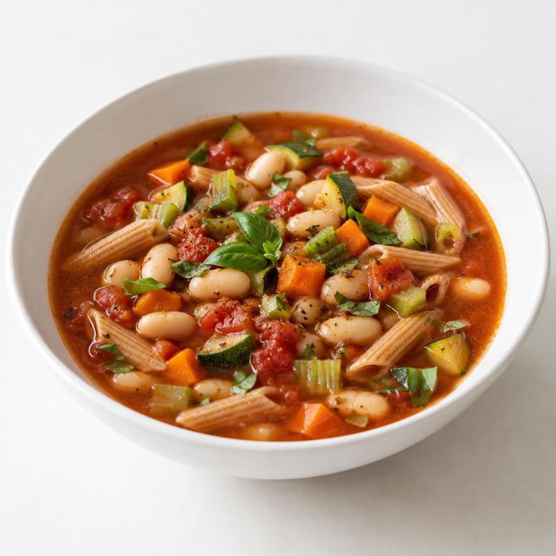 Minestrone z cukinią, białą fasolą i pełnoziarnistym makaronem