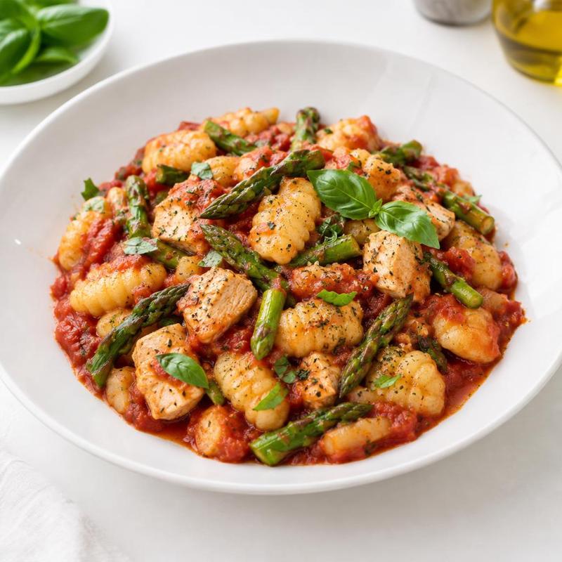 Gnocchi w sosie pomidorowym z kurczakiem i zielonymi szparagami