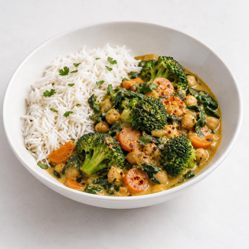 Curry z brokułem, szpinakiem i marchewką