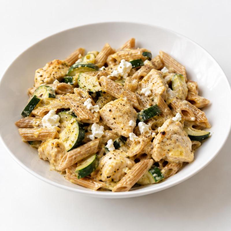 Pełnoziarnisty makaron z kurczakiem i cukinią w jogurtowym sosie curry z fetą