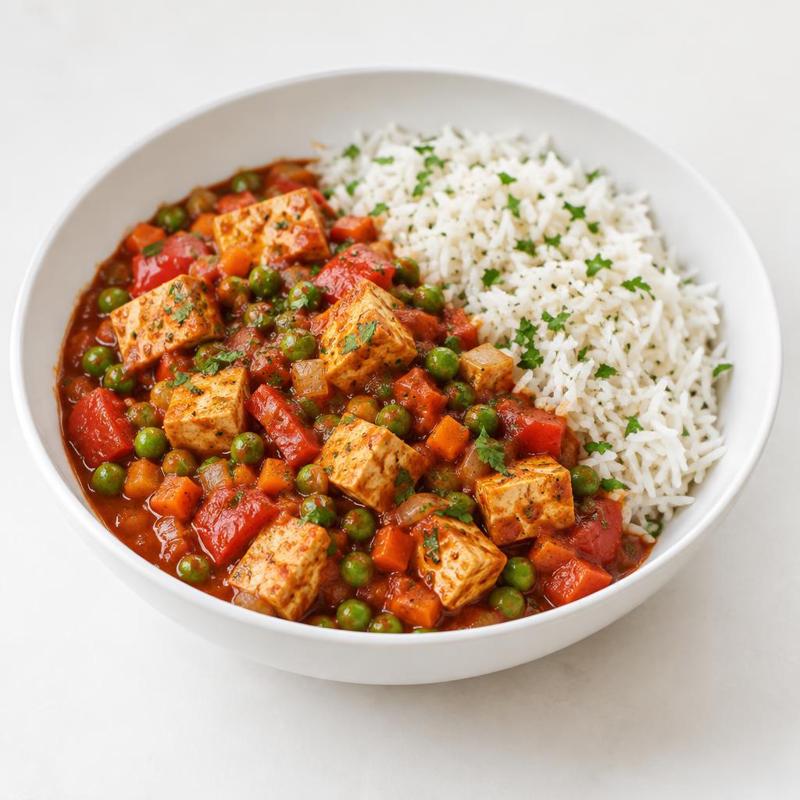 Tofu w sosie pomidorowym z groszkiem