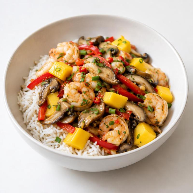 Bowl z krewetkami, boczniakami i mango