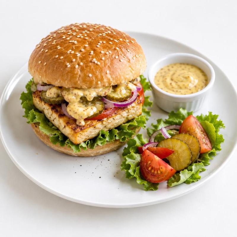 Burger z tofu i sosem miodowo-musztardowym