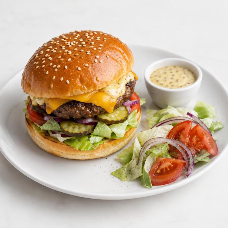 Burger wołowy z sosem musztardowym