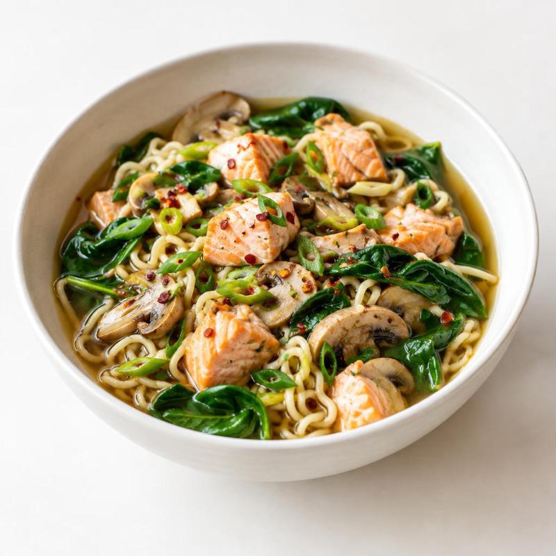 Ramen z łososiem, pieczarkami i szpinakiem