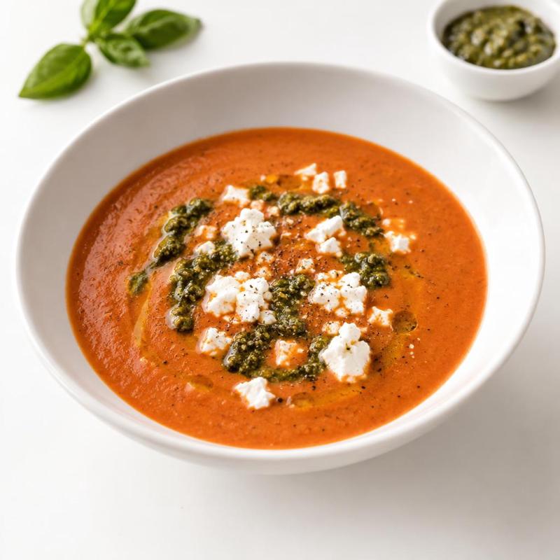Zupa ze świeżych pomidorów z bazyliowym pesto i kruszoną fetą