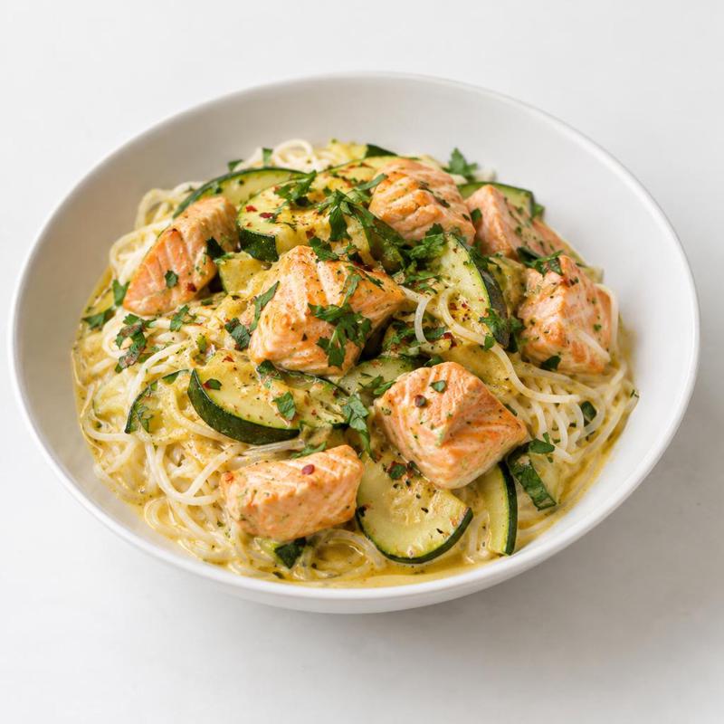 Nitki ryżowe z łososiem i cukinią w kokosowym sosie curry