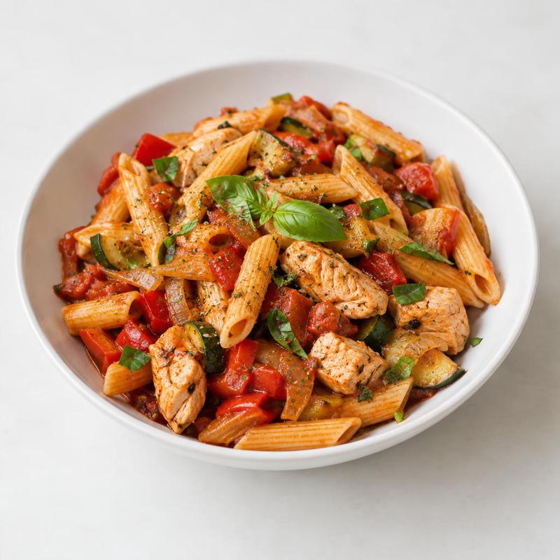Penne z kurczakiem, cukinią i papryką w sosie z passaty