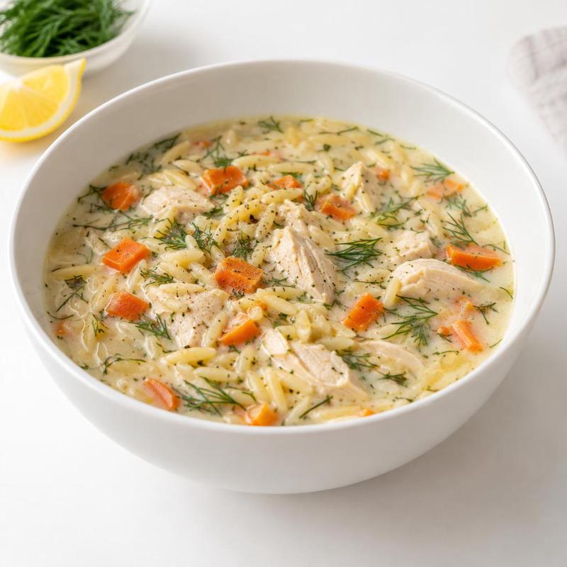 Śmietankowa zupa z orzo, kurczakiem i marchewką