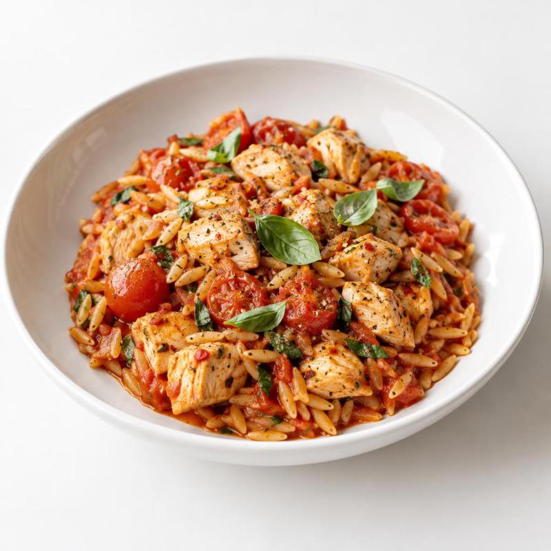 Orzo z kurczakiem w sosie pomidorowym z bazylią