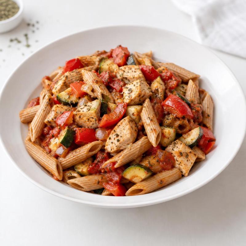 Pełnoziarniste penne z kurczakiem i warzywami w pomidorach z oregano