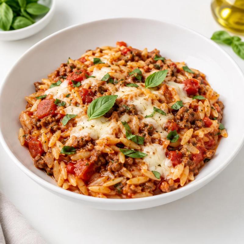 Orzo z mięsem w sosie pomidorowym z mozzarellą