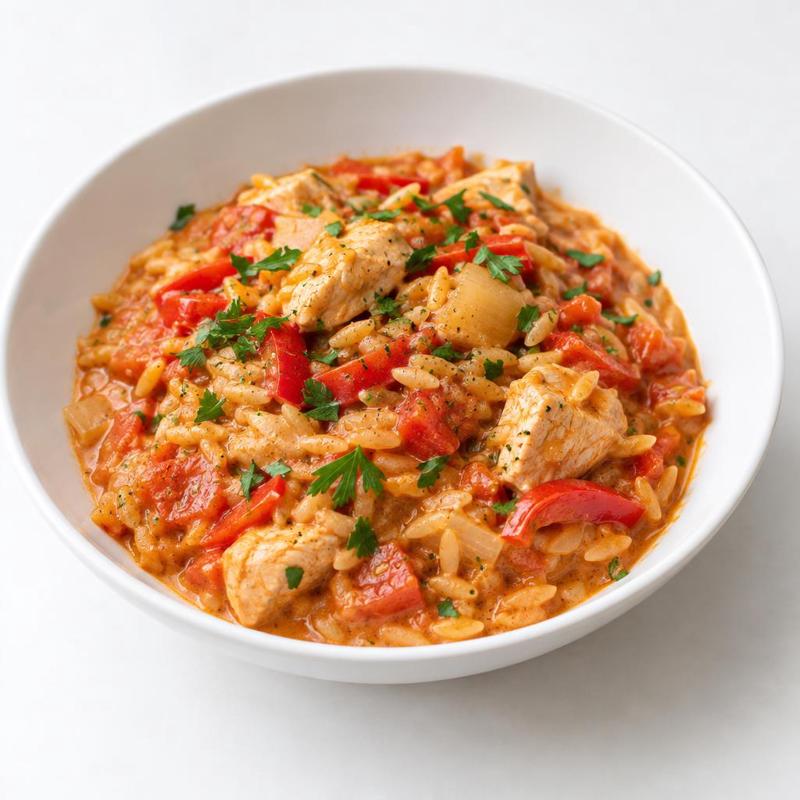 Potrawka z indyka z orzo w sosie śmietankowo-pomidorowym
