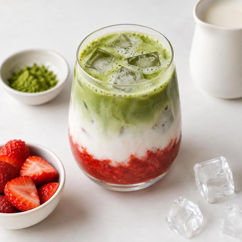 Matcha na lodzie z napojem sojowym i warstwą truskawek