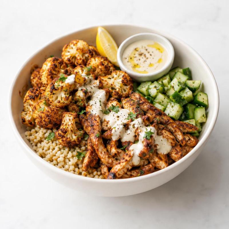 Bowl gyros z pieczonym kalafiorem i sosem tahini