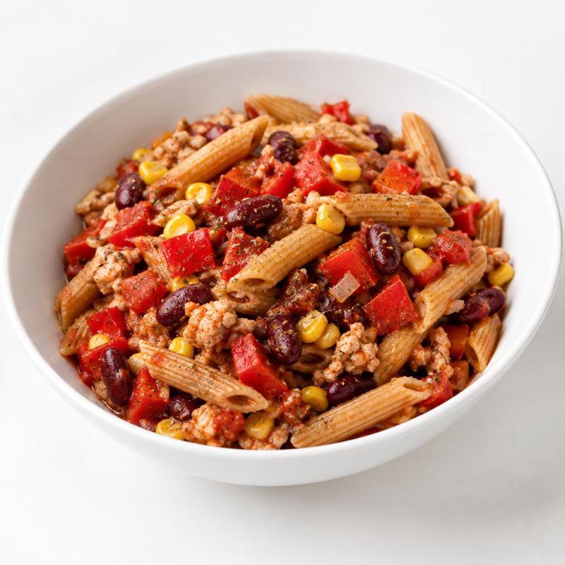 Penne z indykiem, fasolą i chili