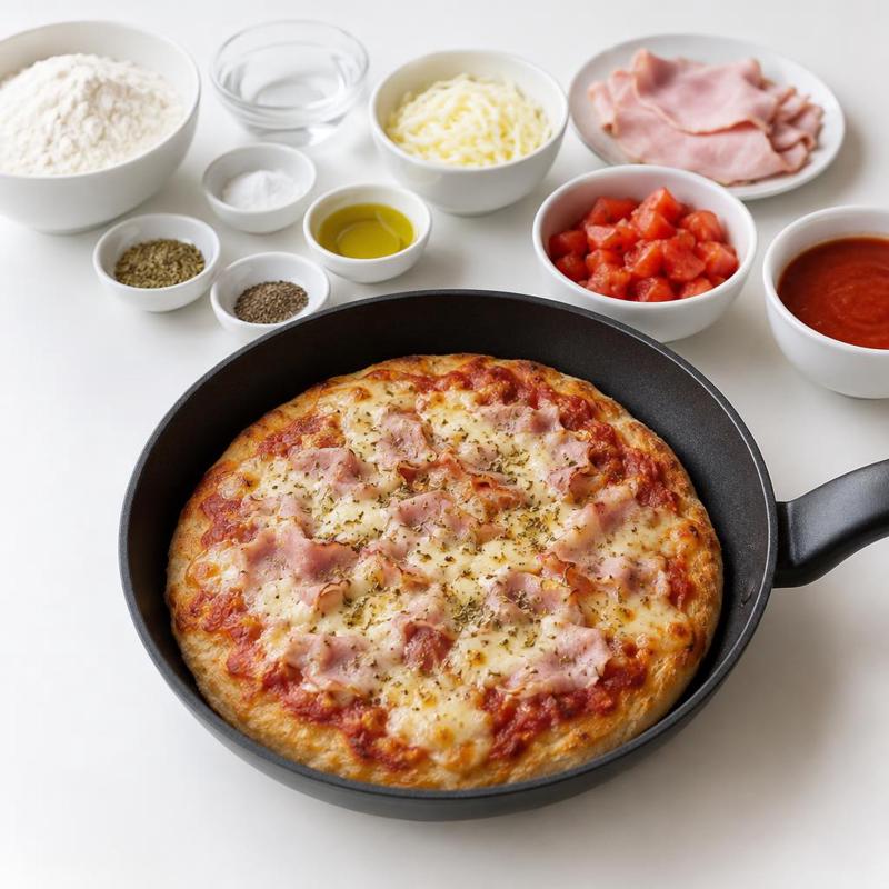 Pizza z patelni na cieście bez drożdży z szynką i mozzarellą