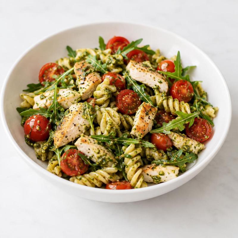Sałatka makaronowa z kurczakiem, pesto i rukolą