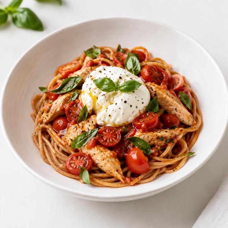 Spaghetti z kurczakiem w sosie pomidorowo-bazyliowym z burratą