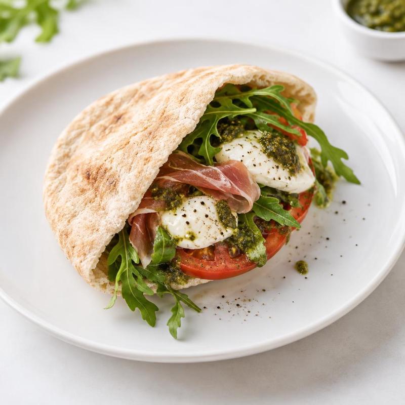 Pita z mozzarellą, rukolą i dressingiem pesto