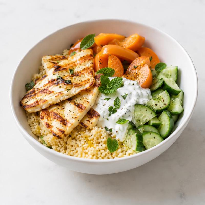 Kuskus z grillowanym halloumi, morelami z patelni i sosem miętowym