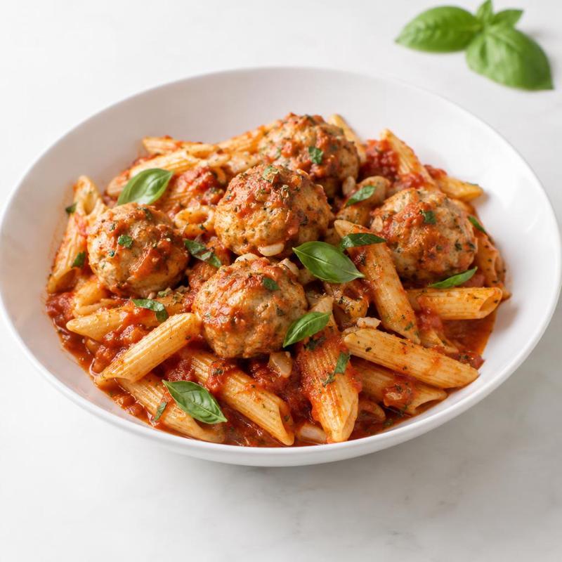 Jednogarnkowe klopsiki z kurczaka z penne w pomidorach i bazylii