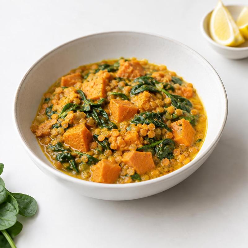 Curry z soczewicy i batata ze szpinakiem