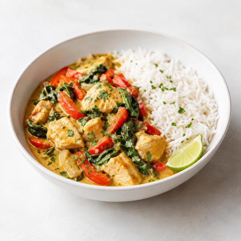 Curry z kurczakiem i ryżem w mleczku kokosowym