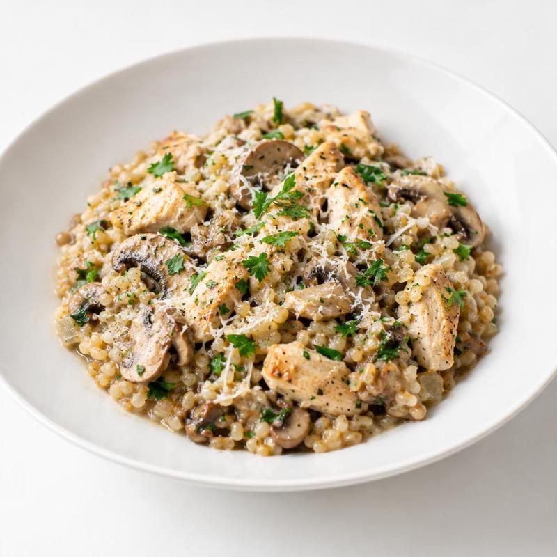Kaszotto z kurczakiem, pieczarkami i parmezanem