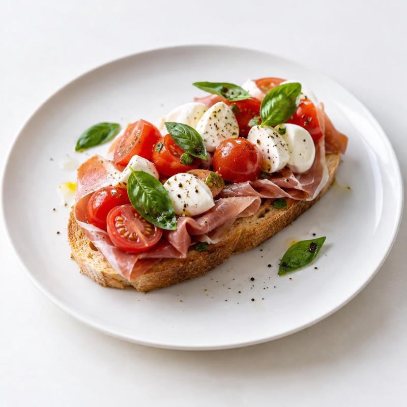 Grzanki z szynką parmeńską, pomidorkami i mozzarellą
