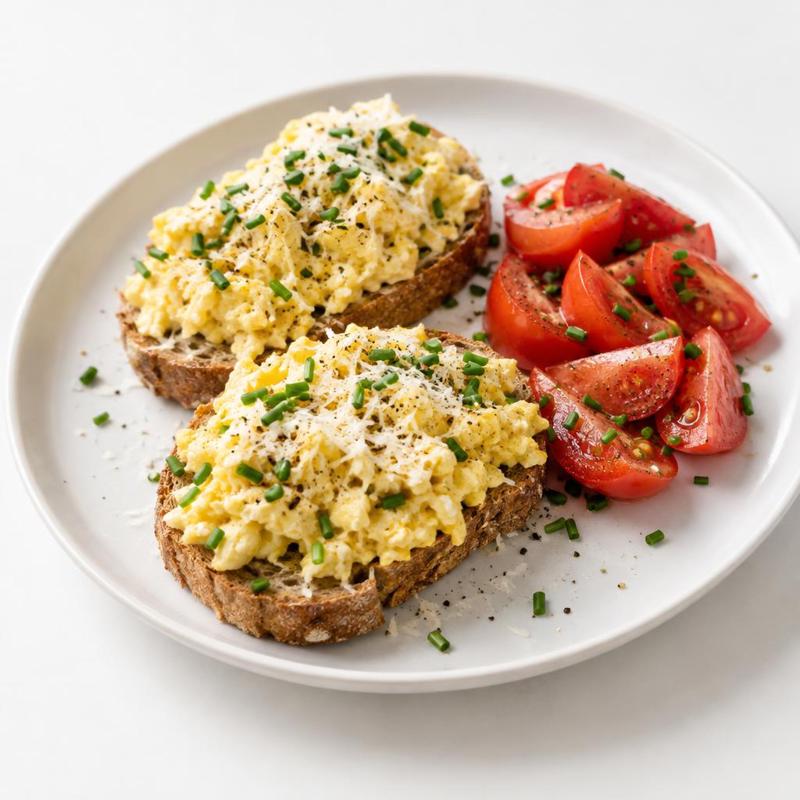 Grzanki z kremową jajecznicą, pomidorem i parmezanem