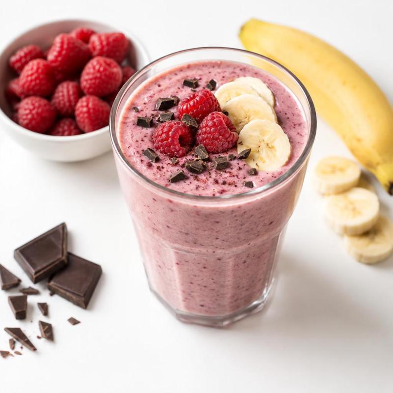 Malinowo-bananowy koktajl na jogurcie z gorzką czekoladą