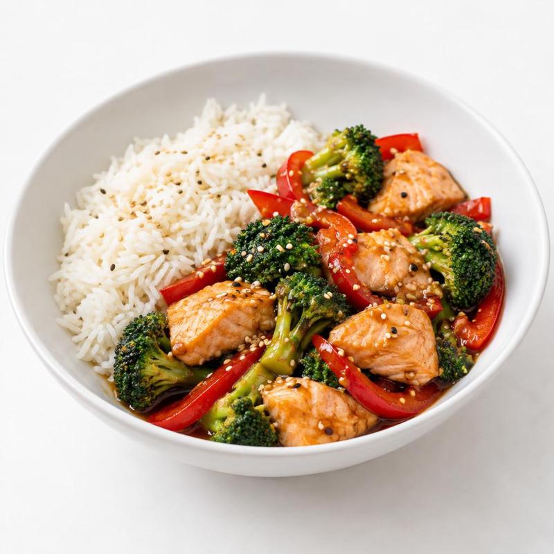 Łosoś stir-fry w sosie sezamowo-miodowym z ryżem