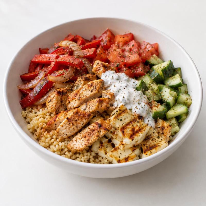 Bulgur z kurczakiem, halloumi i sosem czosnkowym
