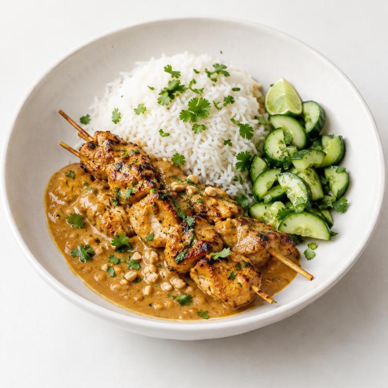 Kurczak satay z ryżem i sosem orzechowo-kokosowym
