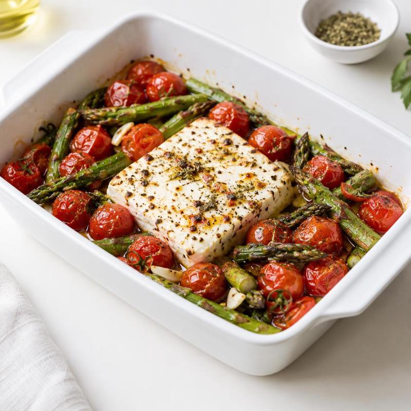 Feta zapiekana ze szparagami, pomidorkami i oregano
