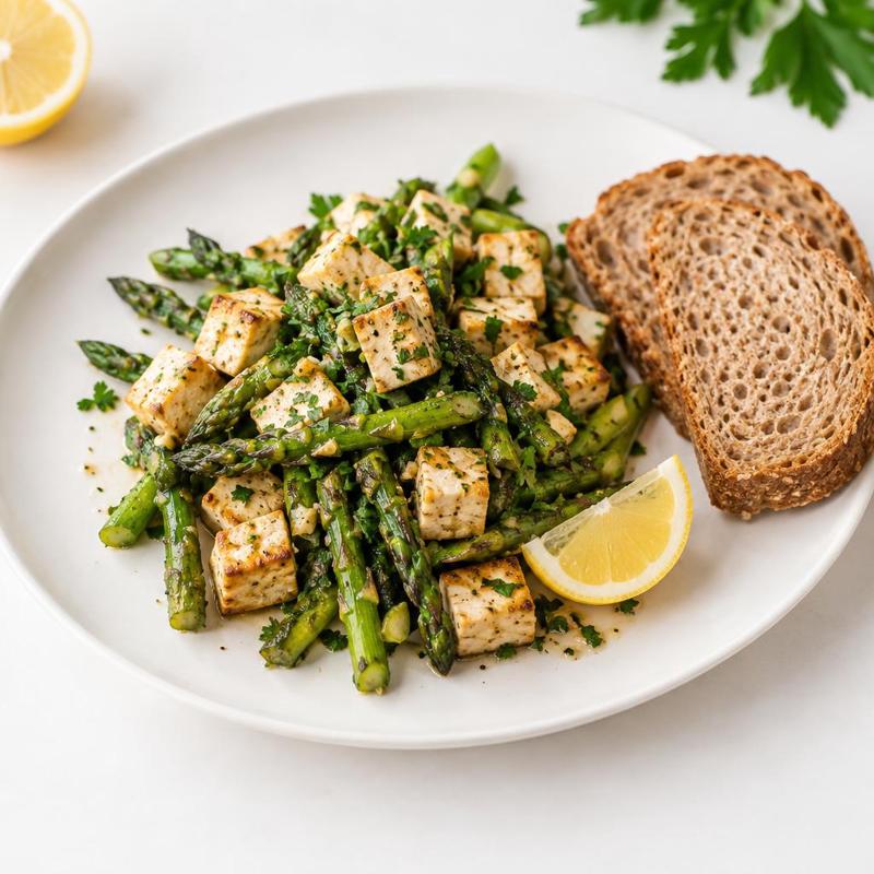 Szparagi z tofu, czosnkiem i cytryną z patelni